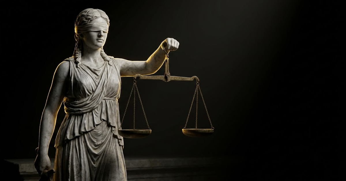 A statue of Themis in carved white marble holding perfectly level bronze scales, blindfold of pale stone, lit by satin gold from one side, the temple behind her swallowed by pure void black. No text, no lettering, no numbers, no watermark, no signature, no modern logos, no frame, no border.