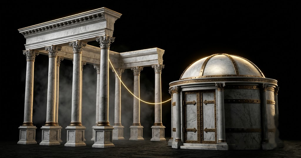 A marble colonnade and a low domed treasury standing side by side, both rendered in white stone and aged bronze, joined by satin gold light, the ground and sky pure void black. No text, no lettering, no numbers, no watermark, no signature, no modern logos, no frame, no border.
