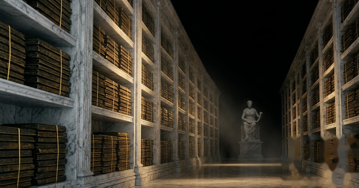 A long marble record hall lined with shelves of sealed bronze tablets, each catching a thread of satin gold, the far end fading into pure void black, a carved statue of Mnemosyne faintly visible. No text, no lettering, no numbers, no watermark, no signature, no modern logos, no frame, no border.
