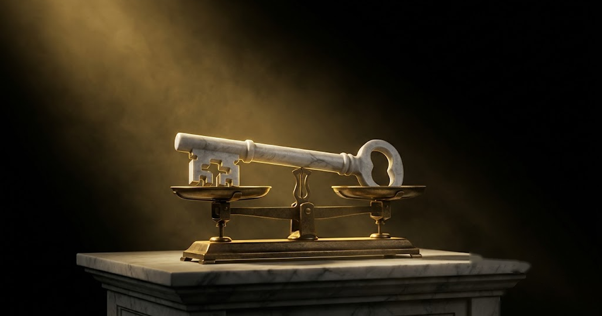 A single carved marble key laid across two perfectly balanced bronze scales on a plinth, one shaft of satin gold across both, the hall around them pure void black, aged bronze at the edges. No text, no lettering, no numbers, no watermark, no signature, no modern logos, no frame, no border.