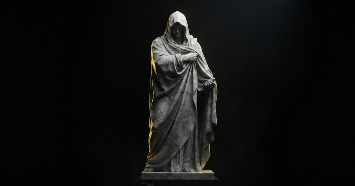 Colossal hooded marble statue of Erebus drawing deep shadow around himself, edges lit by gold rim light against a black void