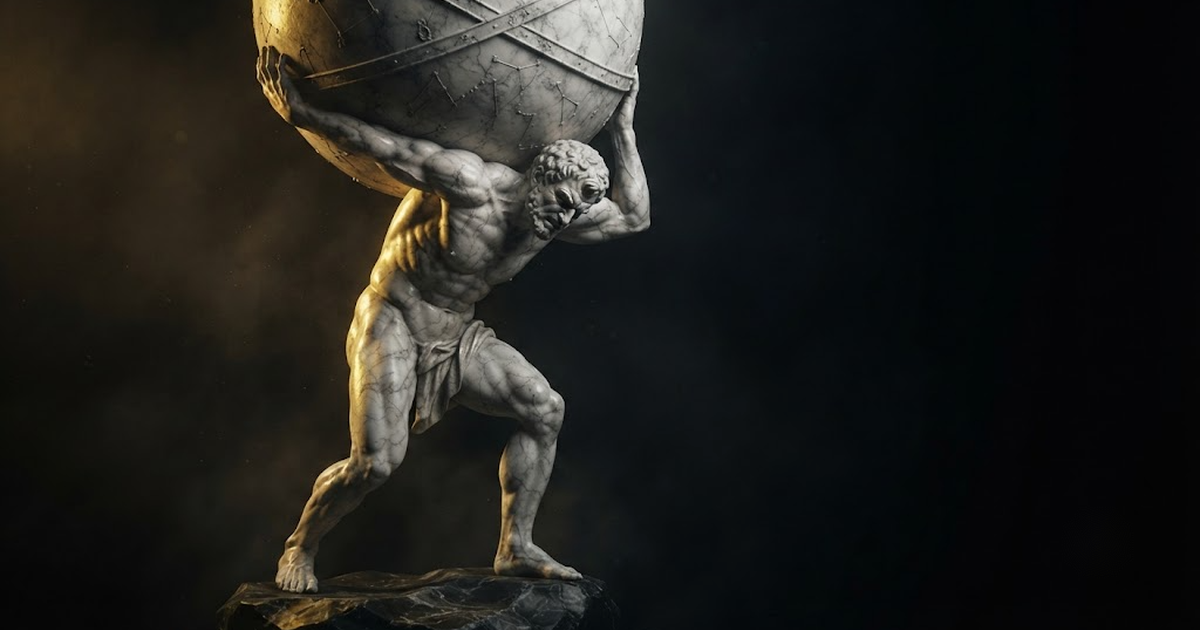 Colossal marble statue of Atlas straining under an immense weight on his shoulders, raked by gold light against a black void