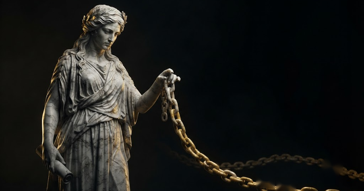 Colossal marble statue of Mnemosyne with her hand on an unbroken chain of carved links glinting with gold light