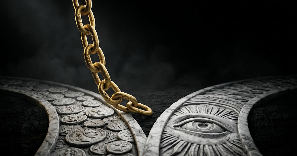 A golden hash-linked chain descending into darkness and splitting into two marble paths, one inscribed with coins for settlement and one with an open eye for attestation.