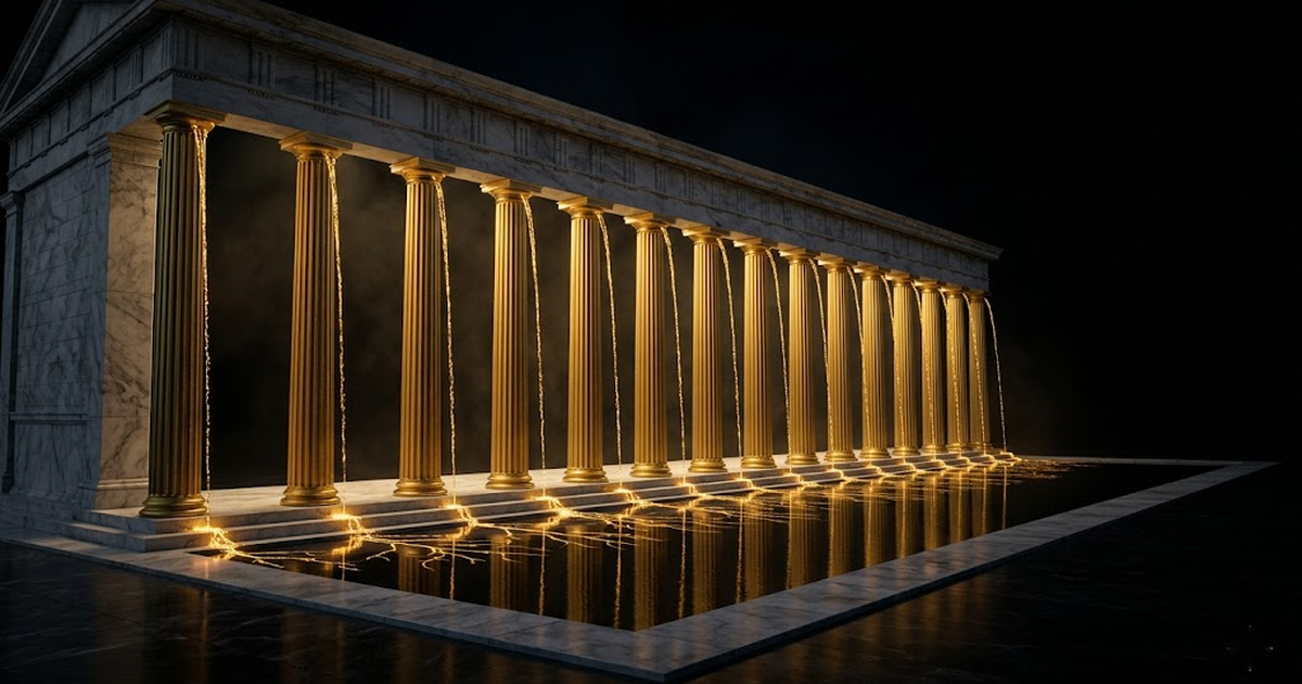 Fifteen golden temple columns streaming molten gold into a single dark reflecting pool etched with a branching Merkle-tree pattern.