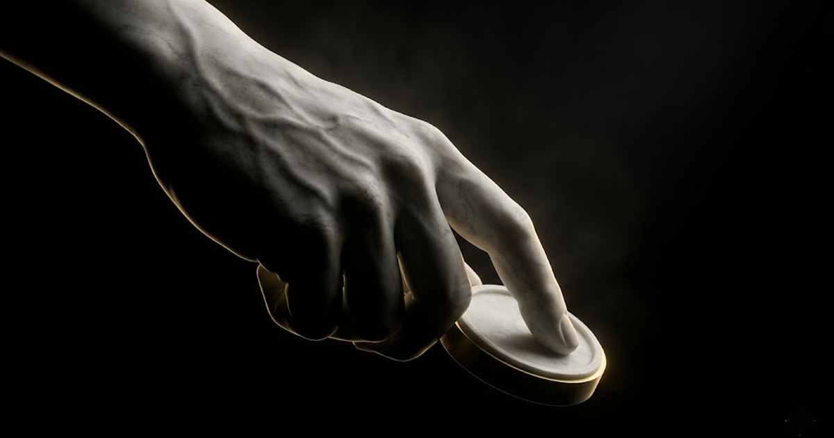 A classical marble hand caught at the moment of pressing a seal, lit by a single line of gold light against void black, symbolising a decision committed before it can be acted on.
