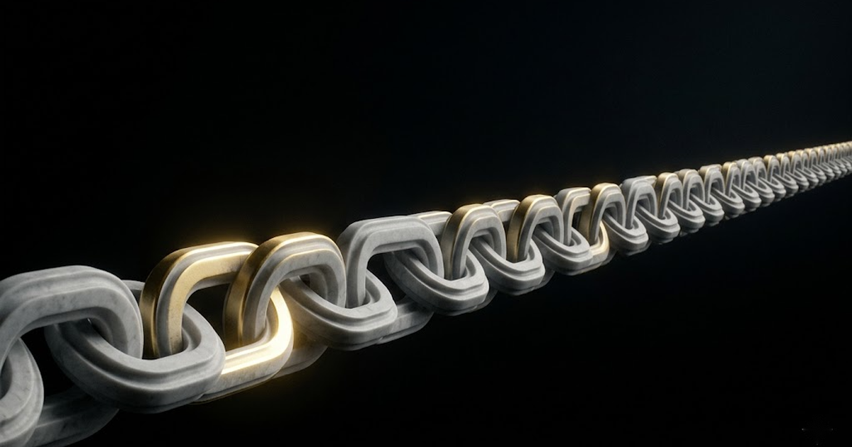 A marble chain of identical interlocking links carved from one block, gold-lit against void black, symbolising an append-only hash-chained record where altering one entry breaks the whole sequence.