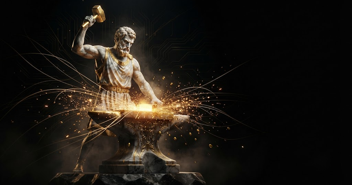 Hephaestus, evoking fifty specialist brains coordinated under deterministic governance
