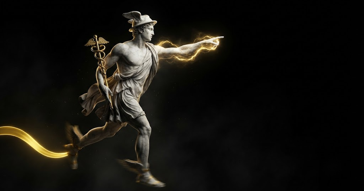A marble statue of Hermes in mid stride with winged sandals lit by a single streak of gold light against black