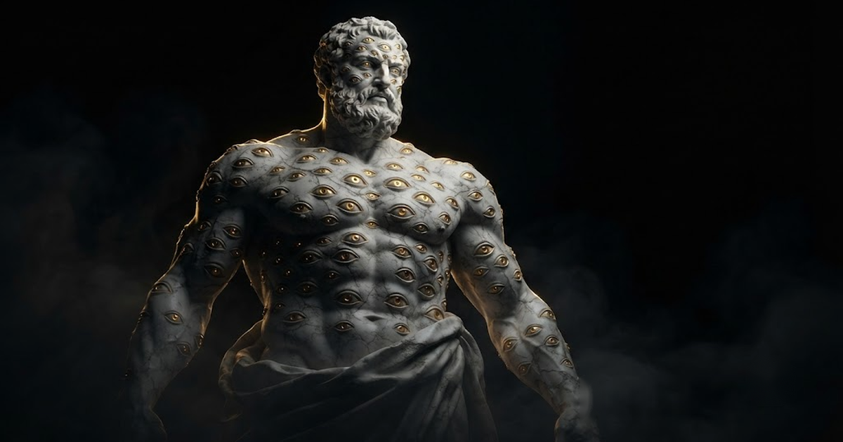 A marble giant covered in many carved eyes catching small points of gold light in surrounding darkness