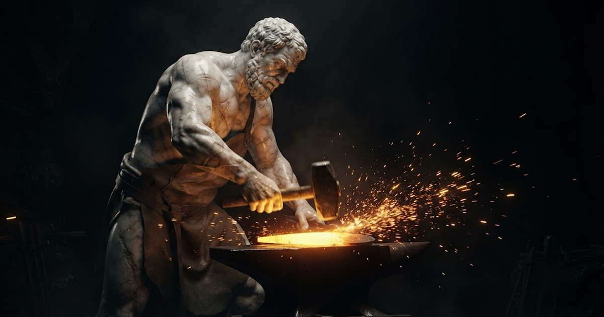 A muscular marble statue of Hephaestus working at an anvil lit by gold forge light in a black forge