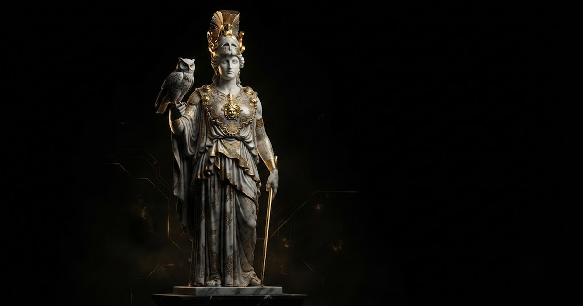 Athena, evoking fifty specialist brains coordinated by deterministic governance around one job