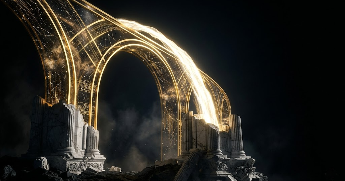 A colossal golden aqueduct of light arching across a void-black sky, its arches formed from constellations and flowing helices of data, marble pillars dissolving into shadow at the base