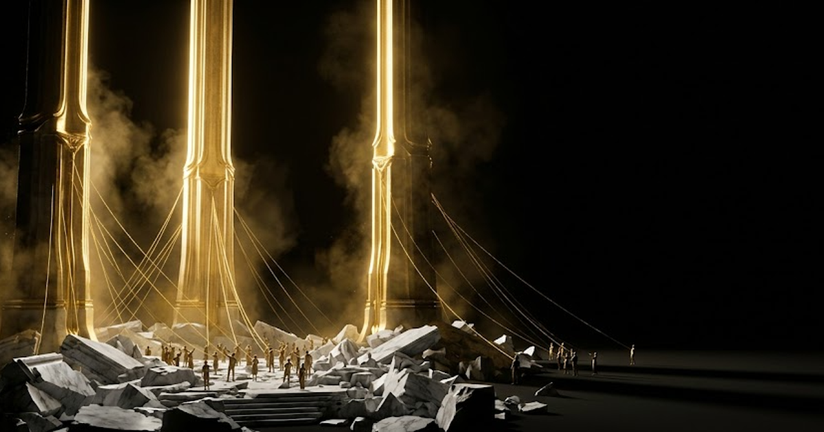Three immense golden towers of light rising from a sea of marble fragments, casting long shadows over countless smaller figures bound to them by thin threads of gold against a void-black background
