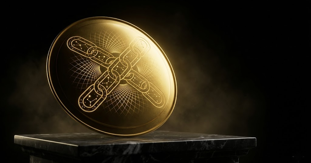A golden aegis shield engraved with an unbroken chain of glowing links, each link a tiny constellation, hovering over a dark marble altar with rim lighting against deep void-black negative space