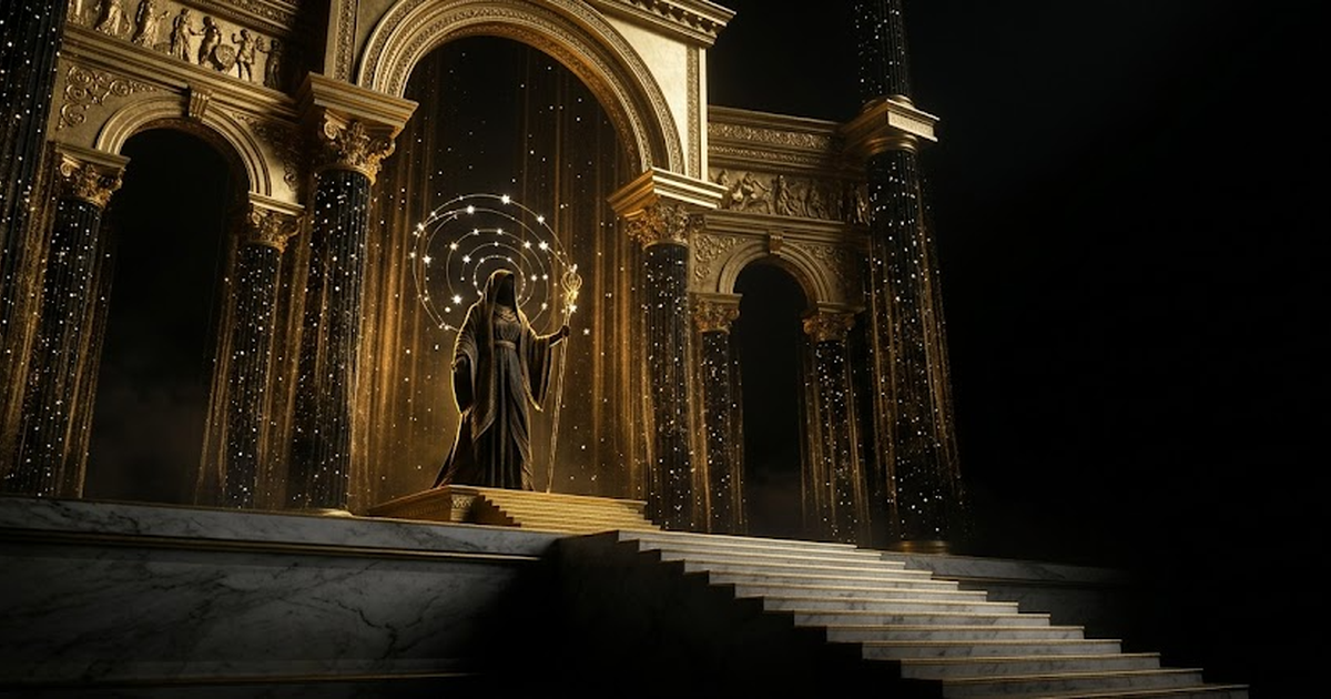 A vast pantheon of golden light rising from darkness, its columns formed from streams of stars, an oracle figure at its centre haloed by a constellation, marble steps dissolving into void-black shadow