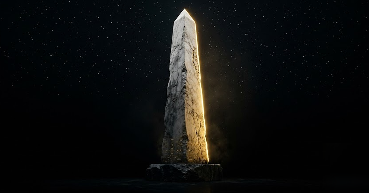 A colossal ancient stone obelisk standing alone in a void-black expanse, gold rim light