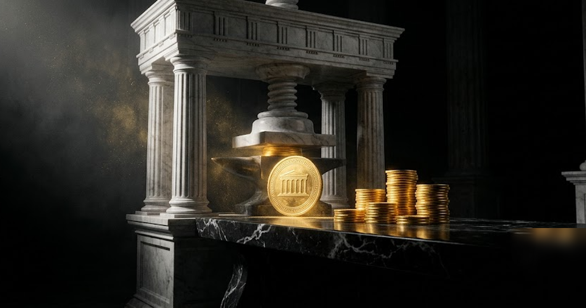 An ancient marble mint striking a single radiant gold coin stamped with a Greek temple