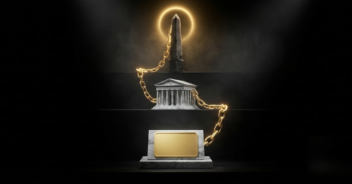 Three ascending tiers linked by a gold chain: a sealed tablet, a temple, and a stone obelisk