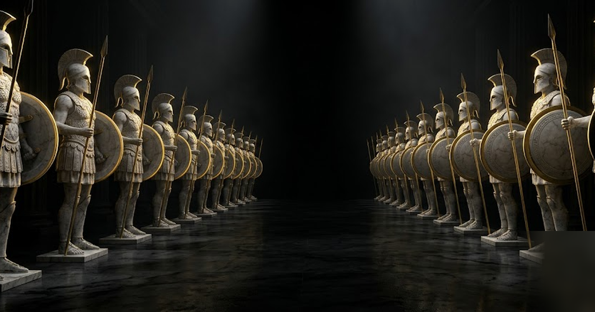A long colonnade of helmed marble guardian sentinels, each edged in gold light