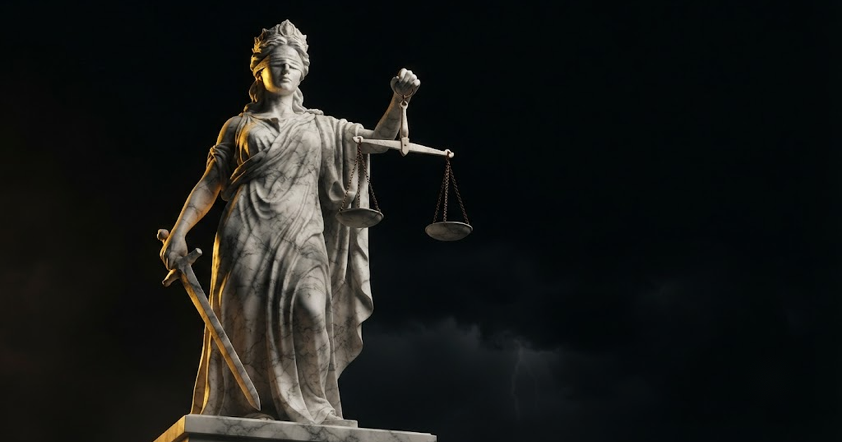 A towering marble statue of the goddess of law holding balanced scales, lit by gold light on a black background