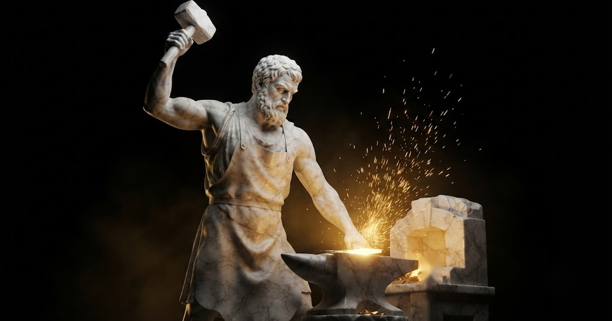 A massive marble statue of the smith god at an anvil with gold sparks rising against a black background