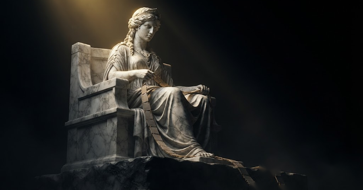 A grand marble statue of the goddess of memory holding an unbroken chain, lit in gold on a black background