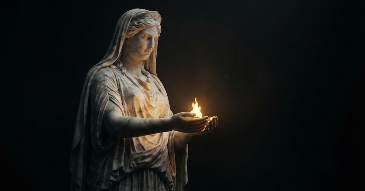 A colossal marble statue of the hearth goddess guarding a small flame in her hands, lit in gold on a black background