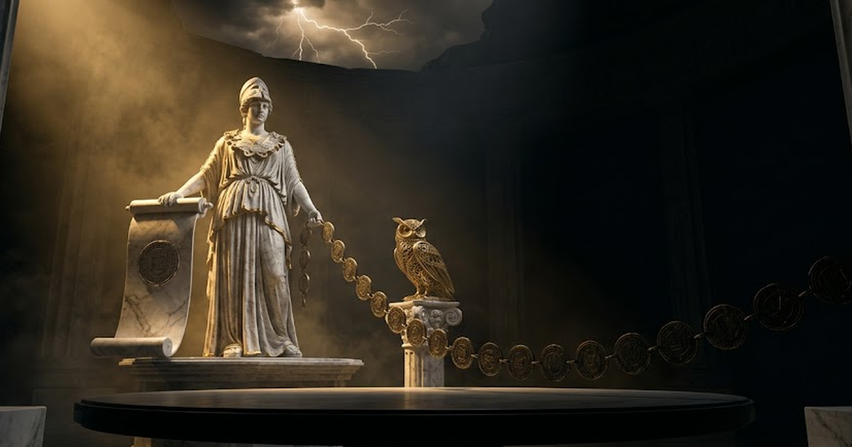 Athena standing in a void-black council chamber, one hand resting on a stamped scroll of policy, the chamber lit in satin gold, a single shaft of light falling on the parchment.