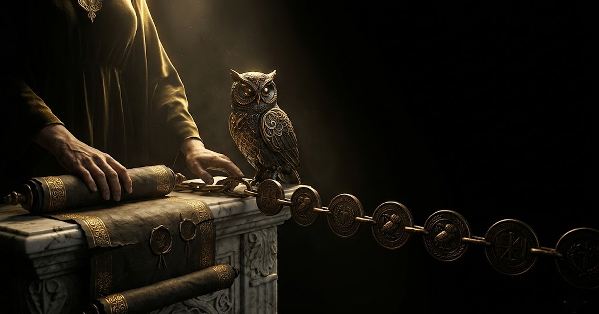 A chain of sealed bronze discs running off Athena's right hand into the darkness of the chamber, each disc stamped and glowing faint gold, disappearing into a vanishing point.