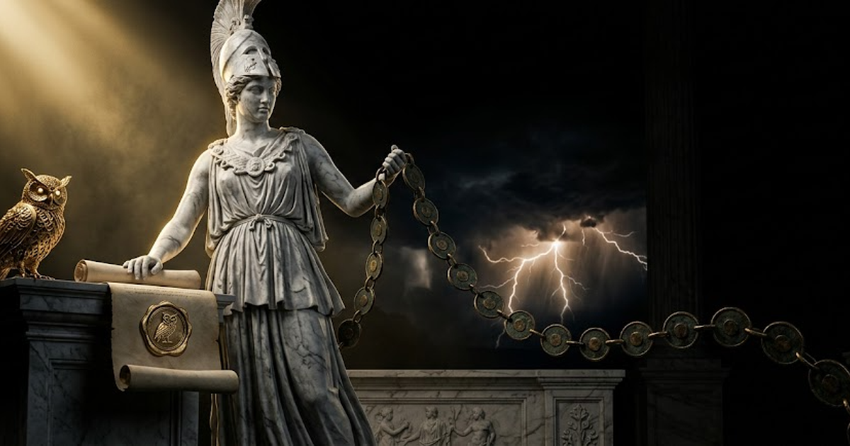 Wide cinematic view of the void-black council chamber: Athena between the stamped scroll and the receding chain of bronze discs, a gold filigree owl perched on the rail above, its eyes catching the light, watching.