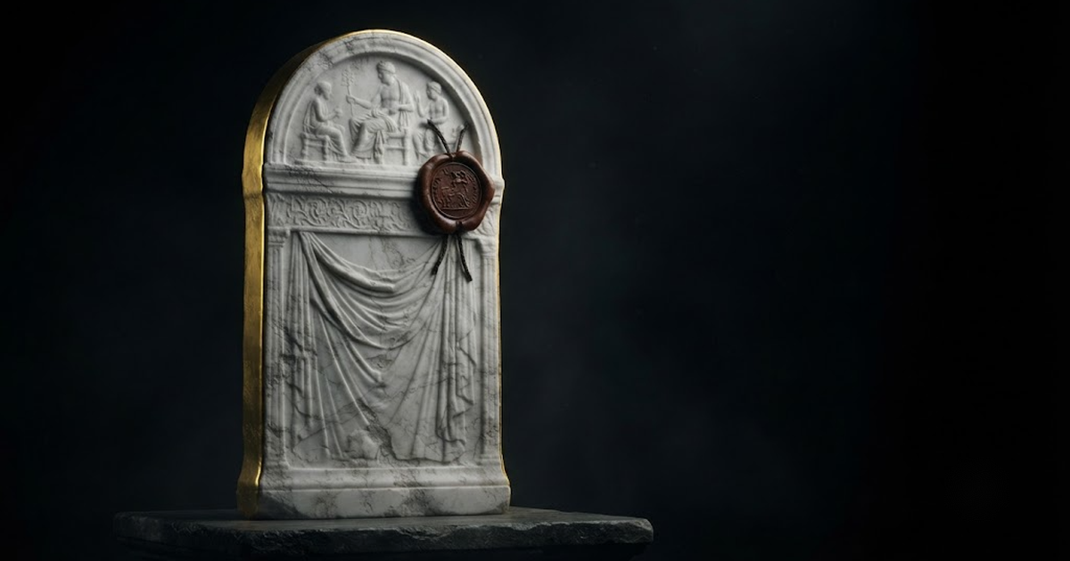 Classical marble scene, Mnemosyne, gold rim light on void black