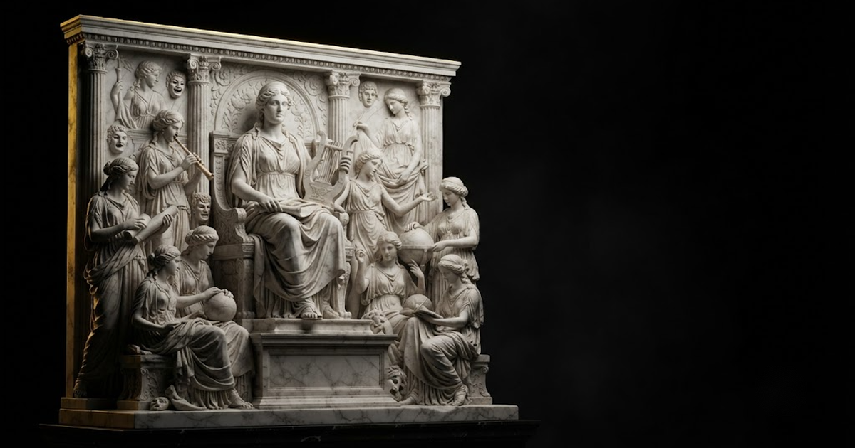 Classical marble scene, Mnemosyne, gold rim light on void black