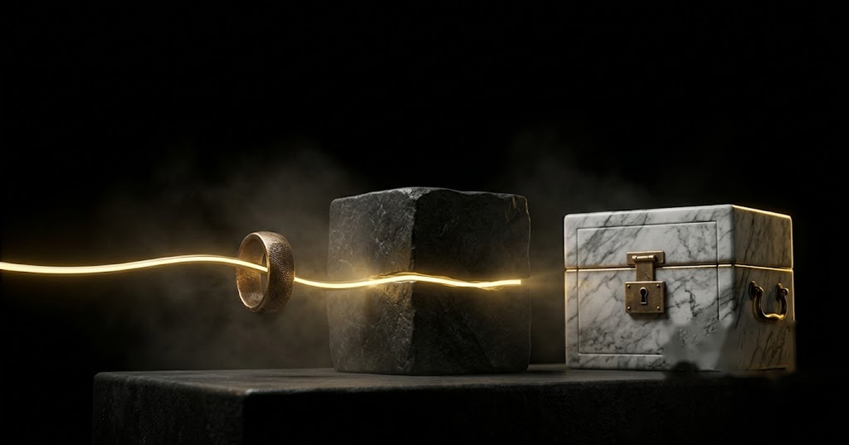 A small glowing fingerprint hash travelling on a thin beam into a Bitcoin block, while a heavy vault of coins sits untouched and clearly separate