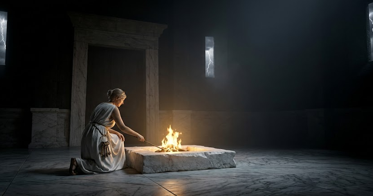 Hestia kneeling before a single hearth-flame inside a sealed stone chamber, satin gold light against void black, a ring of household keys hanging from her belt