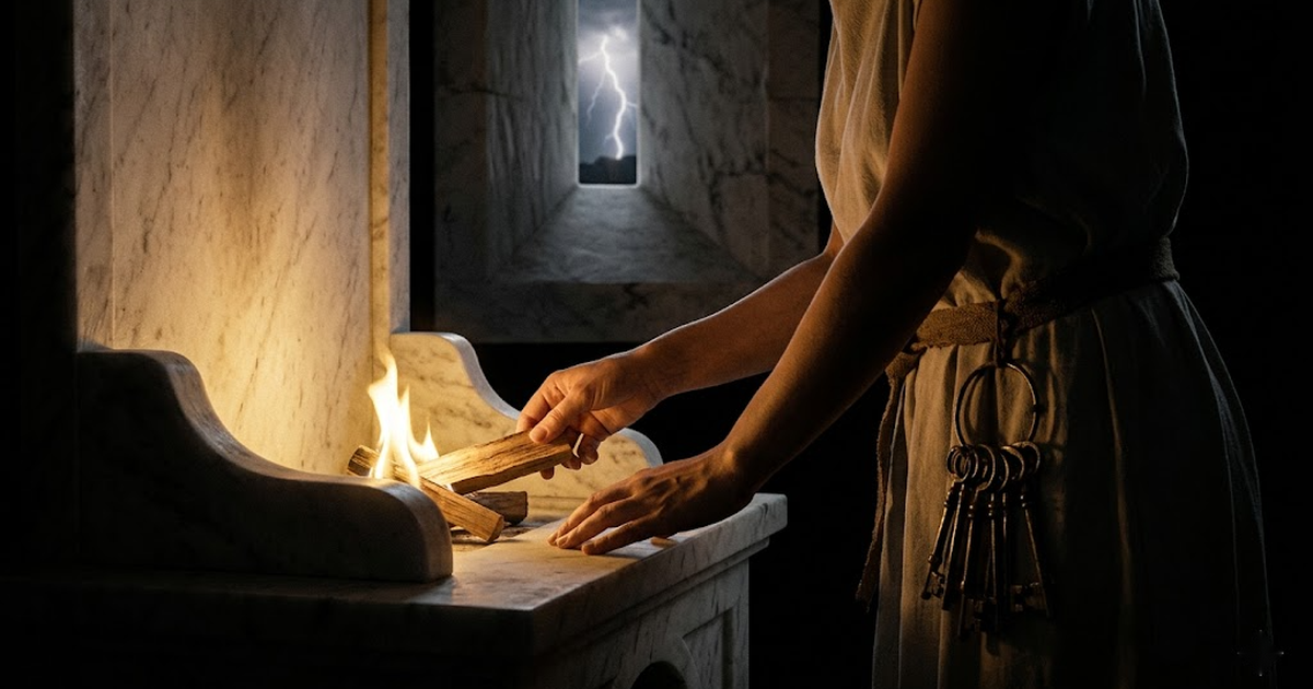 An outside hand reaching toward the threshold of a golden sealed chamber and stopping at an unseen barrier, the inner hearth-flame untouched, deep void black surrounds