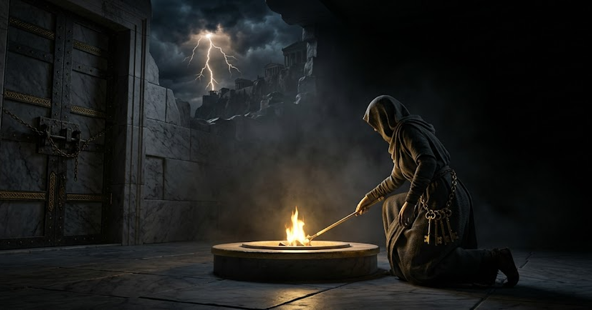 Hestia engraving a glowing lattice seal onto a record by the light of her hearth-flame, satin gold filaments forming a crystalline pattern against void black