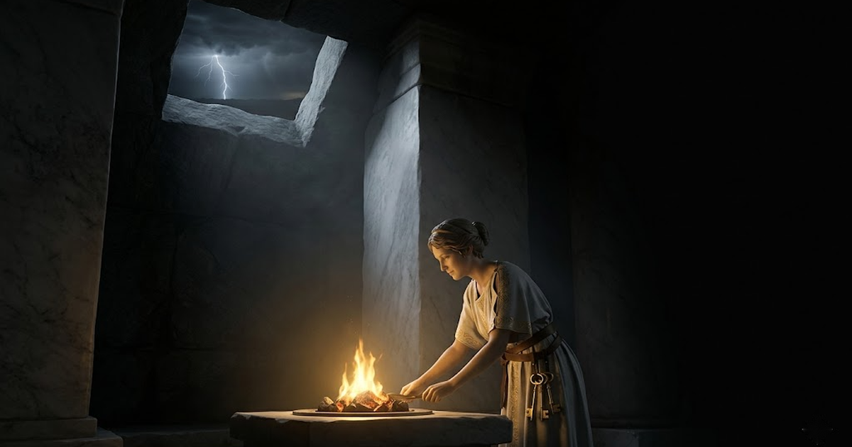 Wide cinematic view of Hestia alone at her single hearth-flame deep within a sealed golden chamber, the keys glinting on her belt, vast void black beyond the closed threshold