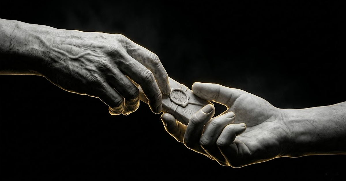 Two classical marble hands passing a sealed object between them, lit by a thin gold rim light on pure black