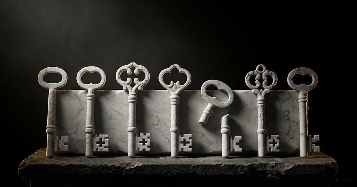 A row of carved marble keys with one snapped in half, lit by a single gold rim light against pure black