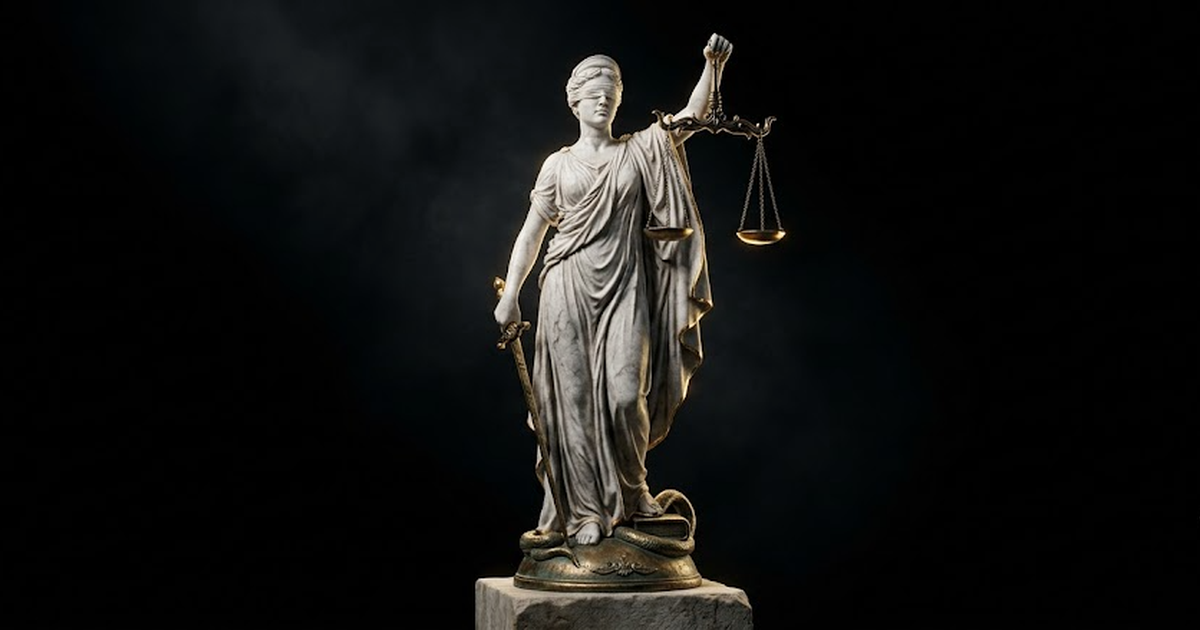 A single carved white marble statue of Themis standing on a plinth, holding perfectly balanced scales, satin gold #D4AF37 highlights catching the edges of the scales and her robe, pure void black #050