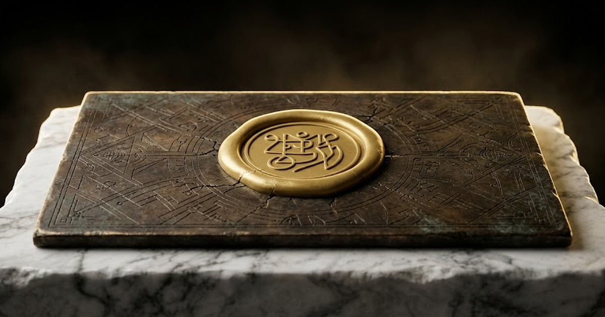 A sealed bronze tablet resting on a marble plinth, a single satin gold #D4AF37 wax seal pressed into its surface, fine engraved hairlines across the aged bronze, pure void black #050505 background, so