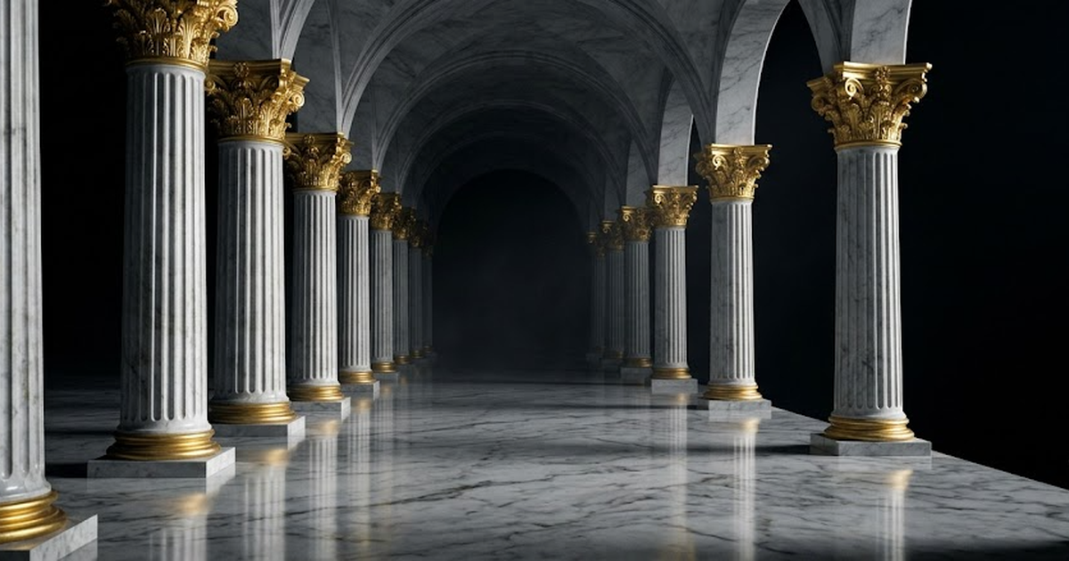 A long marble colonnade receding into deep shadow, each fluted column tipped with satin gold #D4AF37 capitals, polished white-to-grey marble floor reflecting faint gold light, pure void black #050505 
