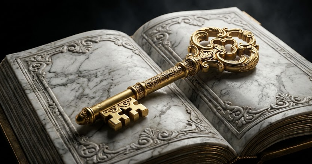 A single ornate gold key lying across an open marble ledger book, the pages carved from white-to-grey marble with aged bronze edges, satin gold #D4AF37 glinting along the key's teeth, pure void black 