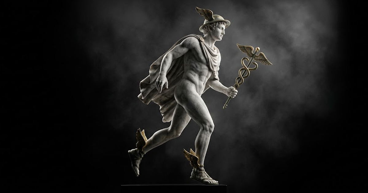 A carved marble statue of Hermes in mid-stride, winged sandals and caduceus rendered in aged bronze and satin gold #D4AF37, dynamic poised motion, standing against a pure void black #050505 background