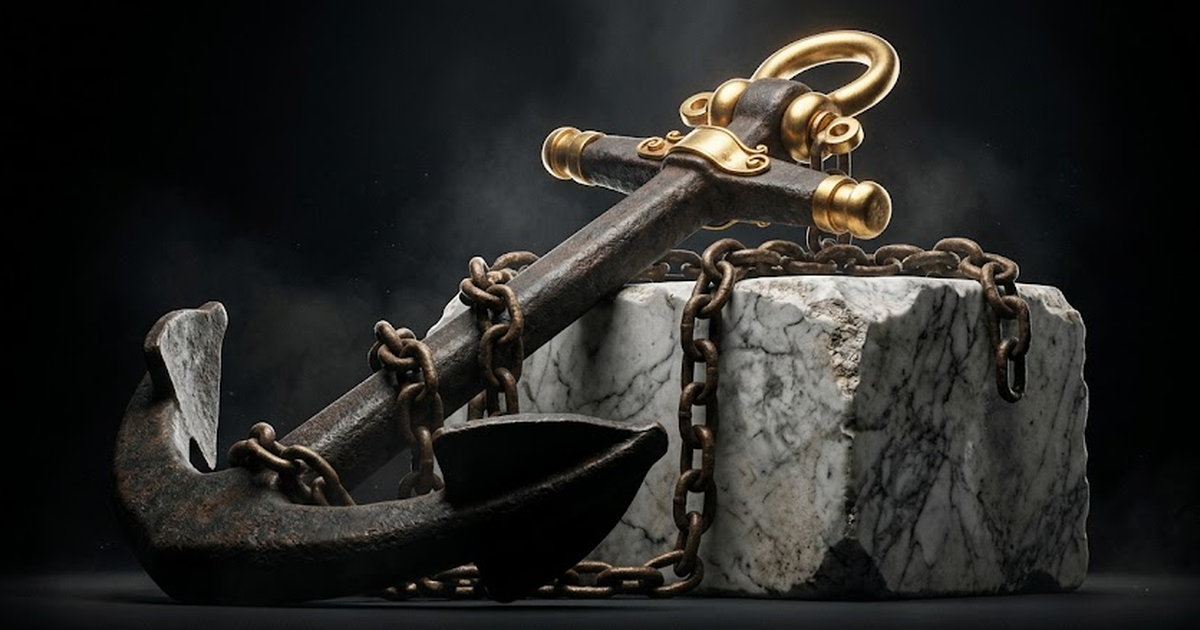 A heavy bronze anchor resting against a marble plinth, chain links of aged bronze coiling toward satin gold #D4AF37 accents at the crown, pure void black #050505 background, weighty and grounded, low 