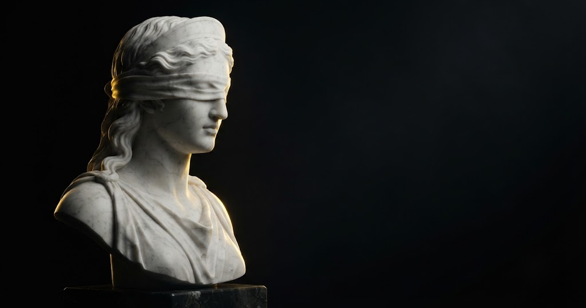 Classical marble scene, Themis, gold rim light on void black