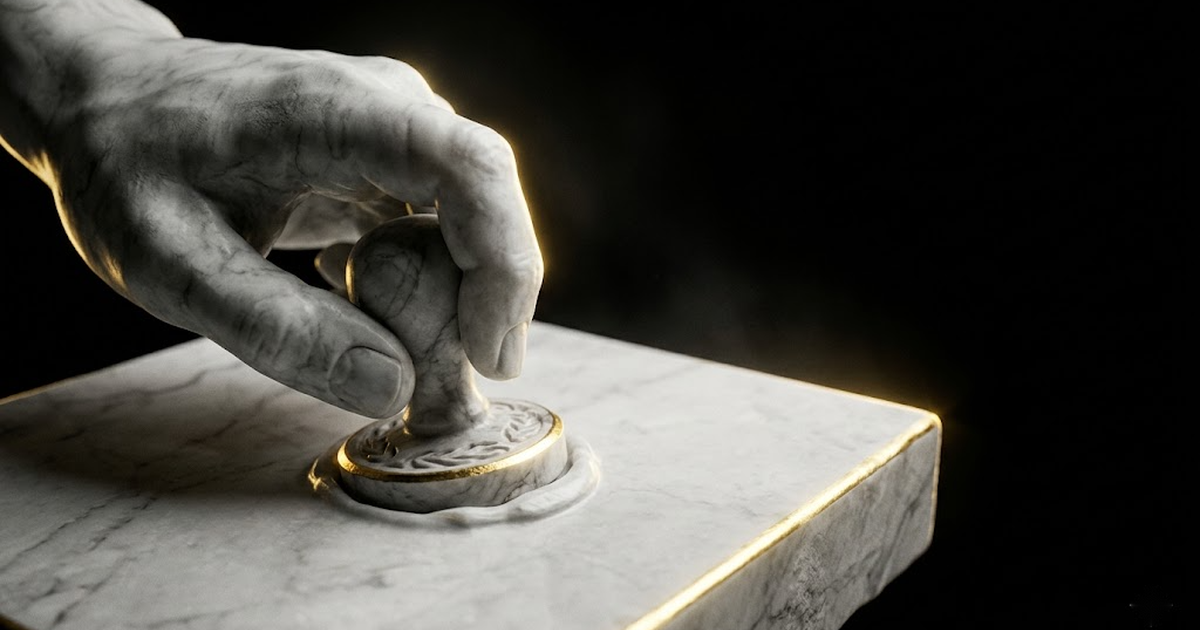 A classical marble hand pressing a signet seal into a blank marble tablet, lit by a single gold rim light against void black.