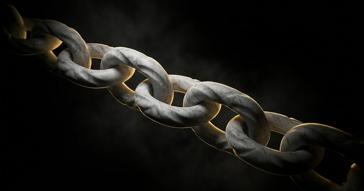 A continuous chain of interlocking carved marble links lit by gold rim light, receding into void black at both ends.