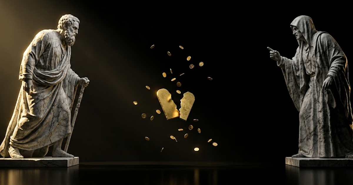 Two colossal marble figures stand opposed across a dark floor as a broken golden tablet and scattered coins fall between them, evoking an unresolvable transaction dispute.